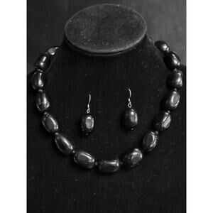 Black Onyx Chucky Nugget Necklace Earrings Set 925 GSJ Gold Stone Jewelry 17"